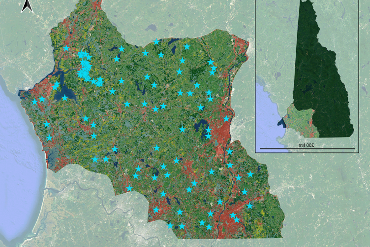 A map showing the approximate locations of the various camera traps used in this study in southeastern New Hampshire.