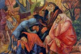 painting of men and women huddled together